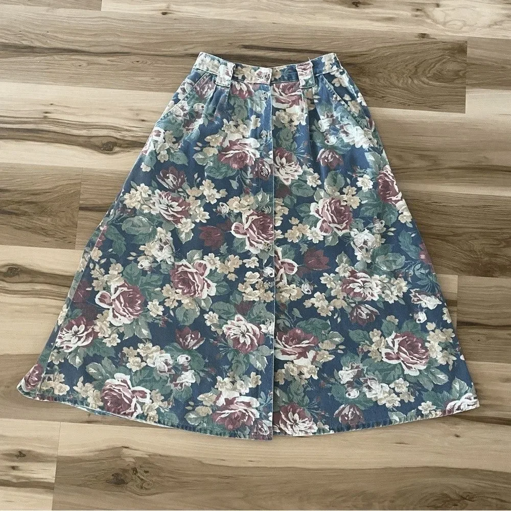 Vintage Vivaldi Jeanswear Floral Midi Length Denim Button up Skirt - Picture 3 of 9
